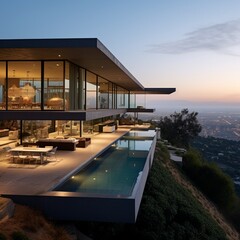 Fototapeta premium Minimalist villa with palm trees on the outskirts of Los Angeles with a view of the city