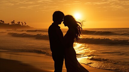 Fototapeta premium Golden Horizon of Love: Passionate Beach Embrace - Romantic Couple at Sunset. Generative AI
