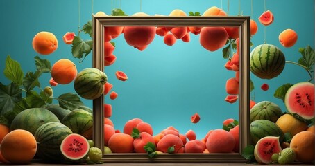 A blank picture frame suspended in mid-air, surrounded by a ring of assorted melons, showcasing the concept of framing nature's Generative Ai