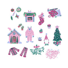 A collection of Christmas clipart. Cool color palette. Ornaments, fireplace, stocking, gift wrapping, house, gloves, decorated tree, pajamas, mistletoe, Snowy Night lettering. Isolated on a white