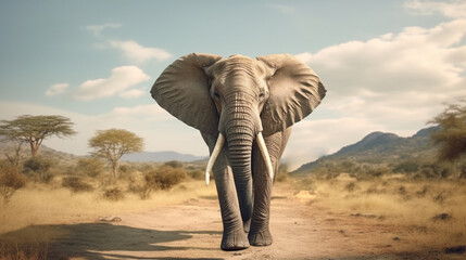 Fototapeta na wymiar Amazing african elephant. Huge elephant in front of the camera. Wildlife scene. generative ai