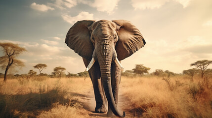 Amazing african elephant. Huge elephant in front of the camera. Wildlife scene. generative ai - obrazy, fototapety, plakaty