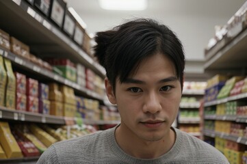 asian man shopping in the supermarket