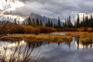 Beautiful autumn landscape. Vermilion Lake under rain, Banff National Park in Alberta, Canada