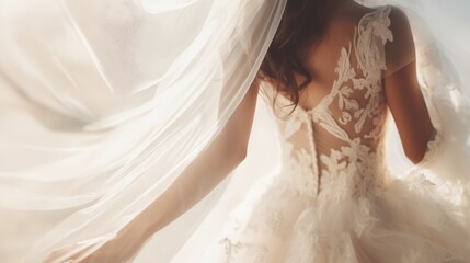 Close-up captures the bride in her wedding dress and veil, immersed in a ceremony, surrounded by anticipation, excitement, and the exquisite beauty of her bridal attire. - obrazy, fototapety, plakaty