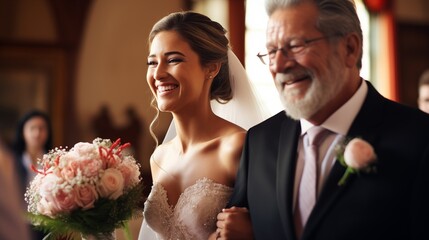 With heartfelt joy, the father gracefully escorts his daughter down the aisle, marking the beginning of a blissful wedding ceremony filled with love and happiness. - obrazy, fototapety, plakaty