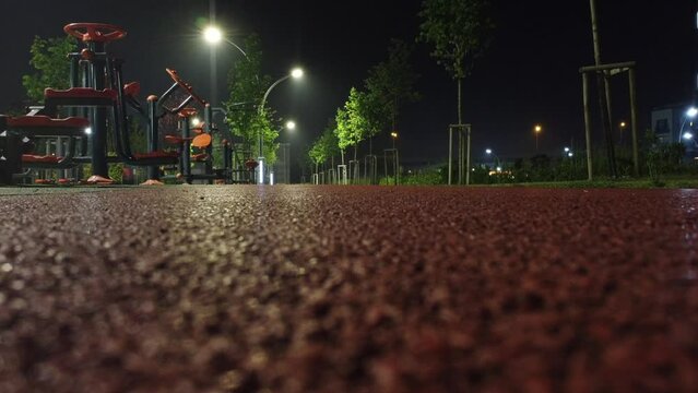 Tartan track surface and fitness equipments at nature park in Istanbul, Turkey. (4K Video)