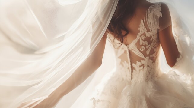 Close-up captures the bride in her wedding dress and veil, immersed in a ceremony, surrounded by anticipation, excitement, and the exquisite beauty of her bridal attire.
