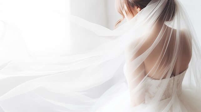 In a close-up from behind, the beautiful bride, adorned in a wedding dress and veil, stands in anticipation and excitement, showcasing the beauty of her bridal attire during the ceremony.