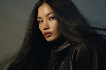 portrait of an asian Chinese woman/model in a close up with long black hair in a fashion/beauty editorial advertisement magazine style portra film look 