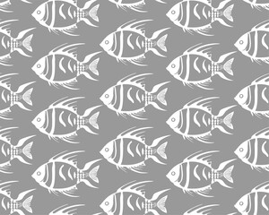 simple seamless pattern of white graphic fish on a gray background, texture, design