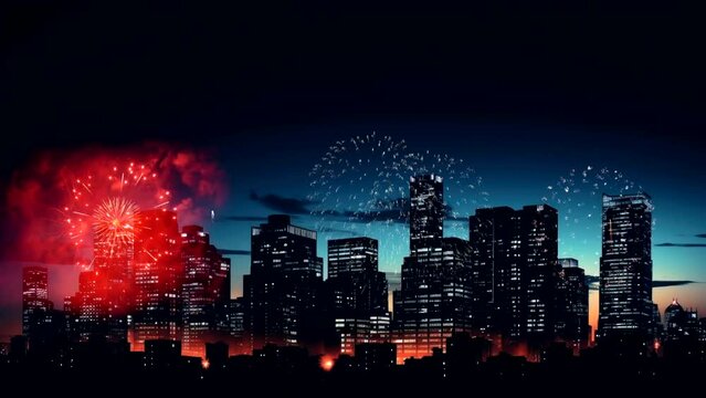 Firework show on night sky at city landscape for celebration happy new year 2024 video animation looping background live wallpaper 4k