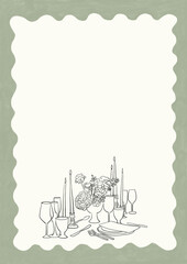 Plantilla de marco con ondas verde e ilustración de mesa con platos, copas y velas. Plantilla para invitación, menú, celebración o evento social con espacio en blanco para texto