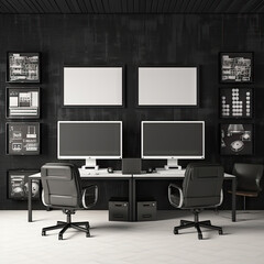 Workspace for two people in office. Desktop computers, monitors with empty blank screens, chairs and pictures with copy space for text on wall. Business image, white and black