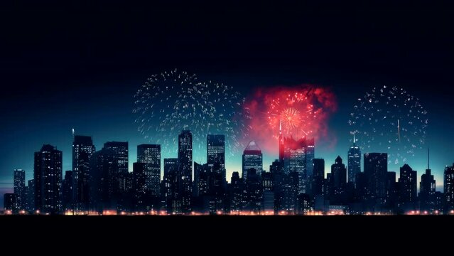 Firework show on night sky at city landscape for celebration happy new year 2024 video animation looping background live wallpaper 4k