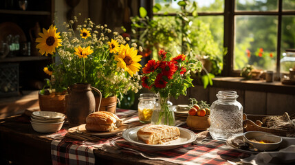 Fototapeta na wymiar Still Life Country Farmhouse Feast with Flowers on the Table
