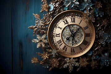 Old pointer clock on a wooden background decorated with colorful flowers. A time of celebration and resolutions.