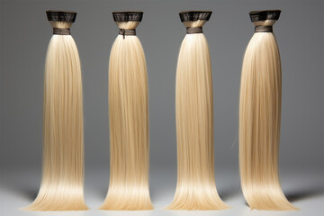 assortment of blonde hair for hair extension procedure on background. types of materials, color and quality for the presentation of the service.