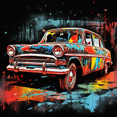 Graffiti-Influenced Vibrant Grunge Car Illustration with Distressed Metallic Sheen