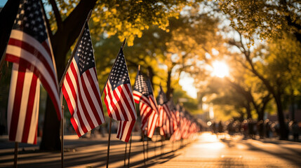 A Row of American Flags on a City Street. Memorial Day. - obrazy, fototapety, plakaty