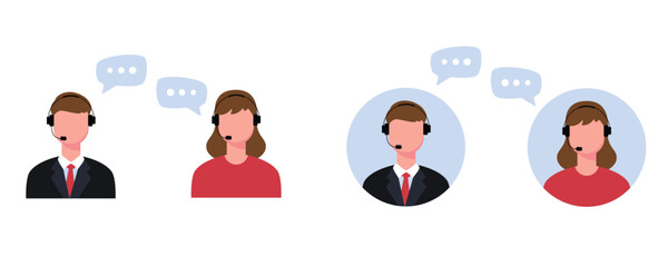 Call center. Help, Support and Contact. Customer Service Icon. Male and female call center working in headphones. Customer service character, costumer service with circle background.