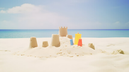 Fototapeta na wymiar sandcastles in the sand at a beach on a sunny day with toy tools laying around