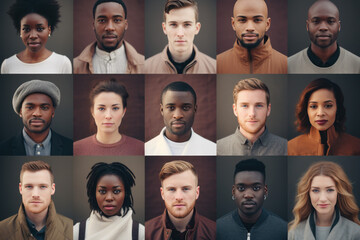 Photo collage of multiracial people looking at the camera  - Powered by Adobe