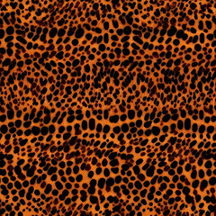 Animal skin patterned abstract background. Leopard fur textured background. Black, orange colors. Copy space