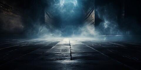 Dark street, asphalt abstract dark blue background, empty dark scene, neon light, spotlights The concrete floor and studio room with smoke float up the interior texture for display products - obrazy, fototapety, plakaty
