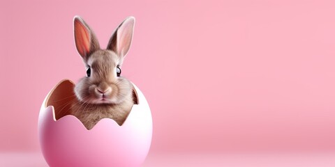 Cute Easter bunny hatching from pink Easter egg isolated on pastel pink background with copy space, Happy Easter banner with adorable rabbit. - Powered by Adobe