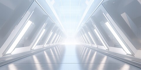 Empty Long Light Corridor. Modern white background. Futuristic Sci-Fi Triangle Tunnel. Minimal technology style scene, abstract leading lights white backgrounds. - obrazy, fototapety, plakaty