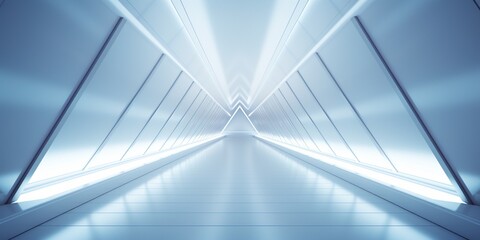 Fototapeta na wymiar Empty Long Light Corridor. Modern white background. Futuristic Sci-Fi Triangle Tunnel. Minimal technology style scene, abstract leading lights white backgrounds.
