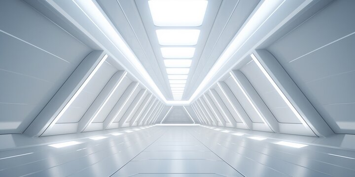 Empty Long Light Corridor. Modern white background. Futuristic Sci-Fi Triangle Tunnel. Minimal technology style scene, abstract leading lights white backgrounds.