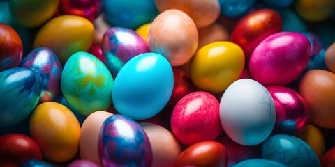 Pile of colorful shiny Easter eggs background, Blank white easter egg on colorful stack mock up, depth of field. Empty product for religious gift mockup. Food with colored paint for happ