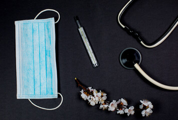 Medical instruments on a black background, doctor tools for treating people from illness