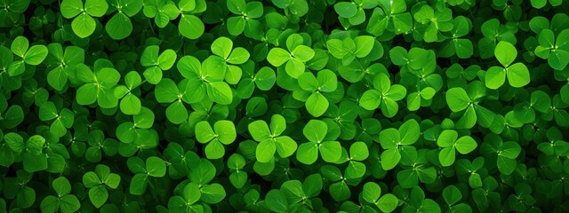 Clover leaves on green background. Three-leaved shamrocks. St Patrick Day holiday symbol. Template for design card, invitation, banner - obrazy, fototapety, plakaty