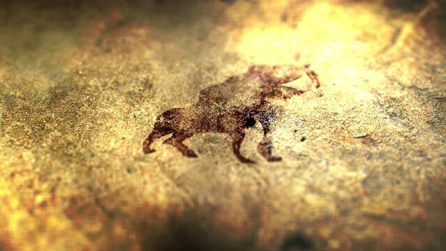 Camera pans over Ancient Cave Painting of a Smilodon or Sabertooth Tiger