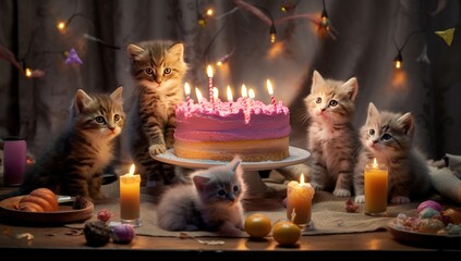 Group of kittens are happy near a birthday cake, concept of Playful animals