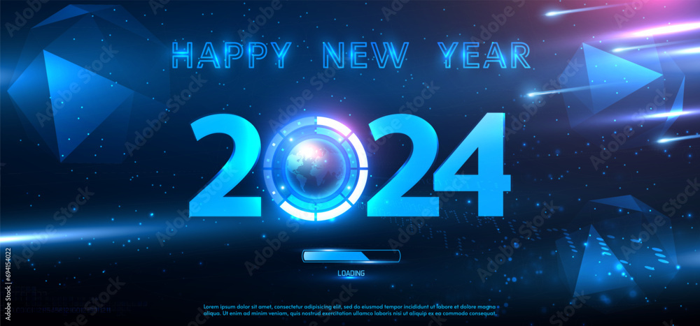 Poster happy new year 2024 global futuristic world technology concept. blue hologram of the numbers 2024. 2
