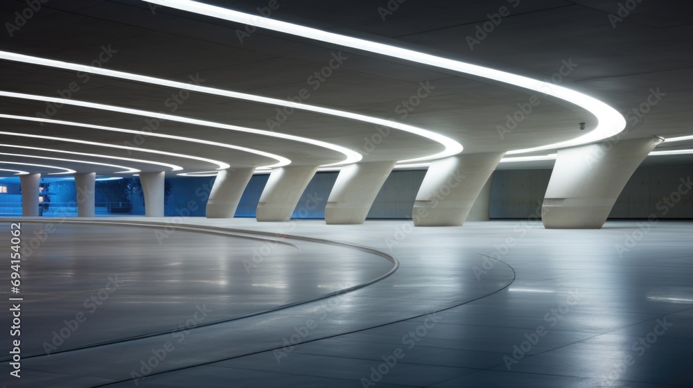 Poster an empty building with a curved ceiling. futuristic parking lot, illuminated space with columns.