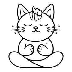 Coloring page cute cat meditates. Vector line illustration