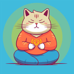 Cute chubby cat meditates in lotus position. Vector cartoon flat illustration.