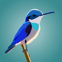 A blue forest bird sits on a wooden branch. Vector illustration.