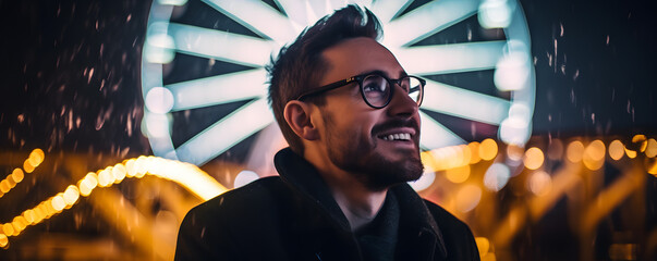 happy modern man watching the lights of a Christmas market with ferris wheel in the bokeh background

 - obrazy, fototapety, plakaty