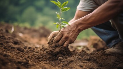 Man planting small tree in the ground