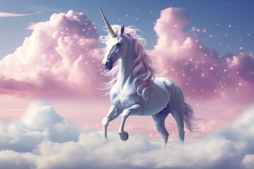 Full body unicorn walking on clouds
