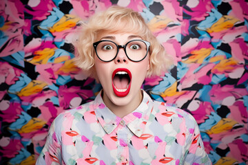 A short-haired blonde in a colorful shirt, bright red lipstick, and glasses against a colorful wall experiencing strong surprise, with cartoonishly exaggerated emotions