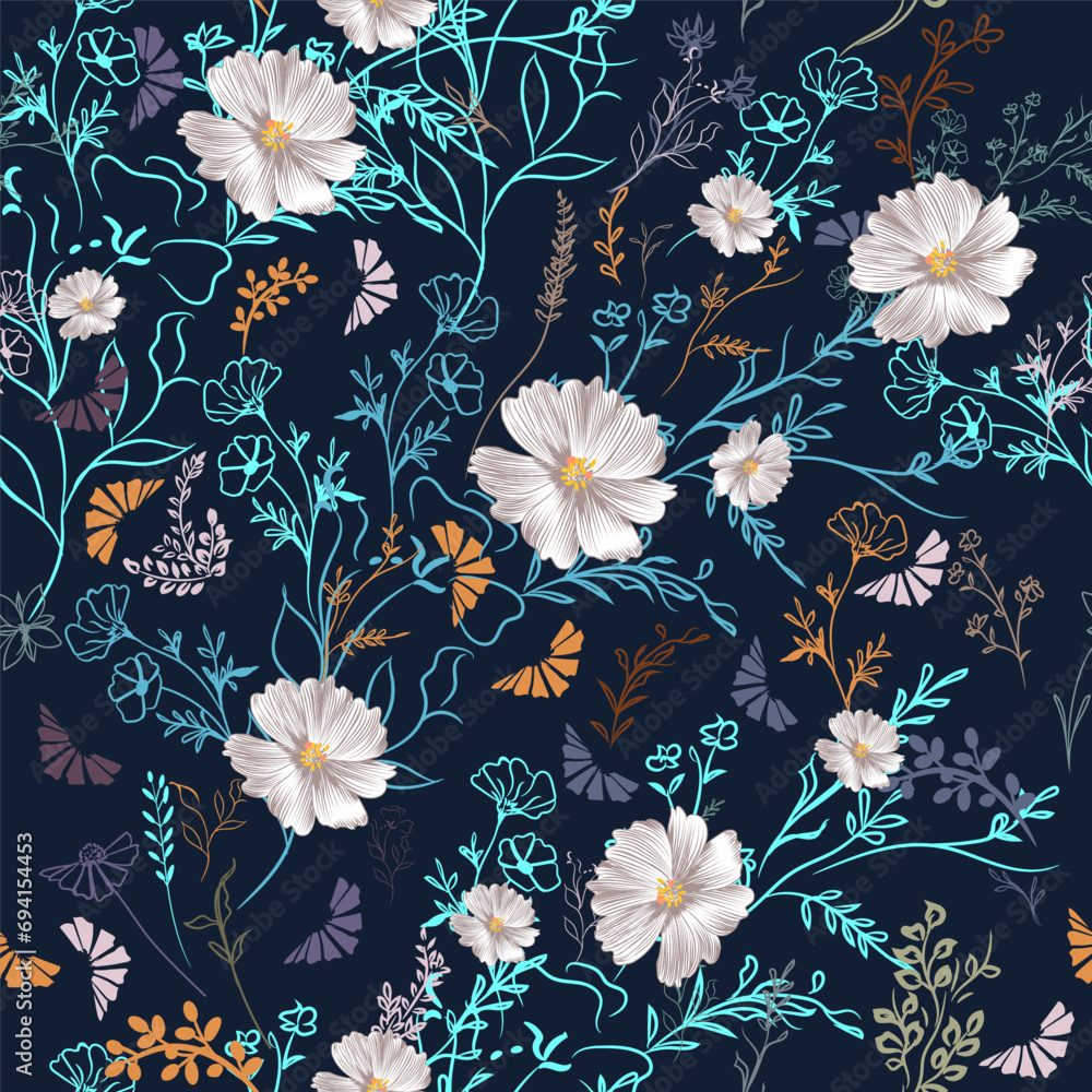 Poster fashion vector pattern with rustic flowers