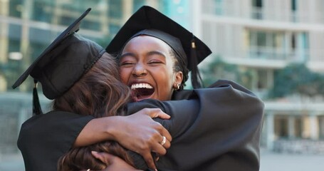 Graduation, friends hug and happy women in celebration of education achievement in university. Smile, graduate and excited students embrace, success at college event and support or congratulations - Powered by Adobe