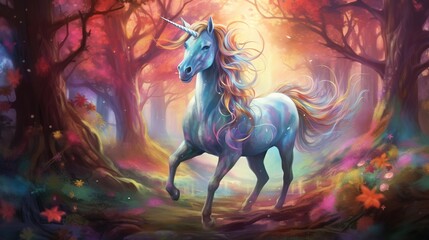 Magical colorful unicorn walking in the forest